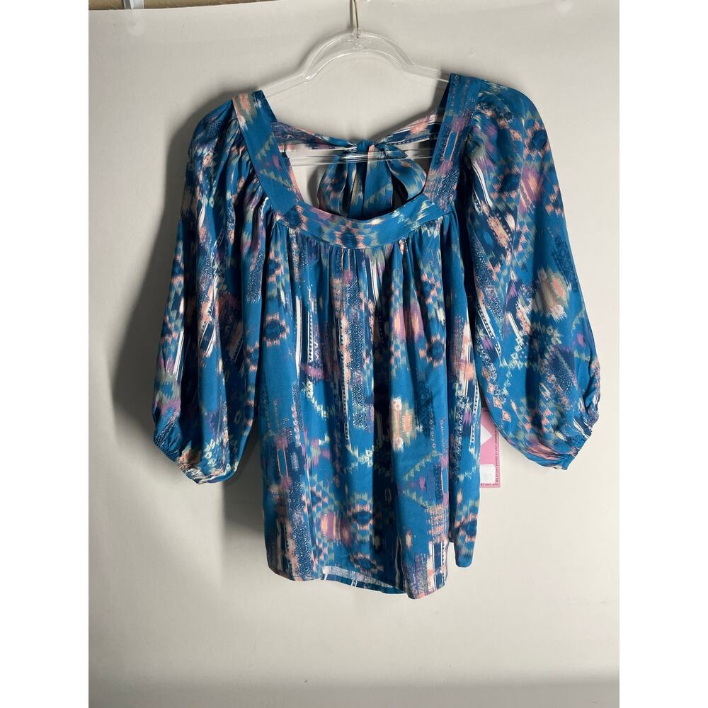 Savanna Jane Blue Aztec Watercolor Print 3/4 Sleeve Flowy Blouse Size Small NEW
